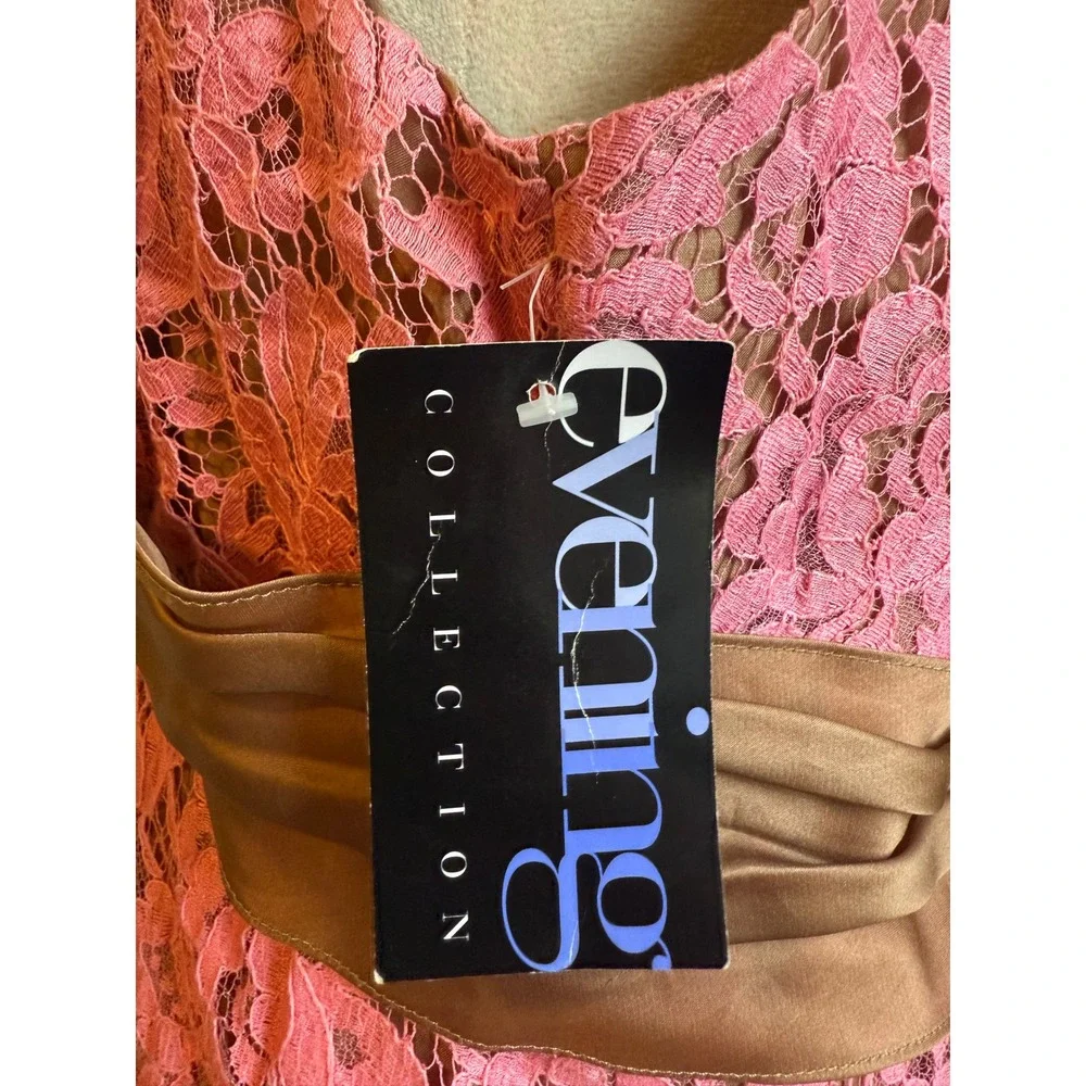 Kay Unger Pink Lace Brown Silk Bow Evening Dress 16 boho whimsi Y2K fairy party - Picture 6 of 8